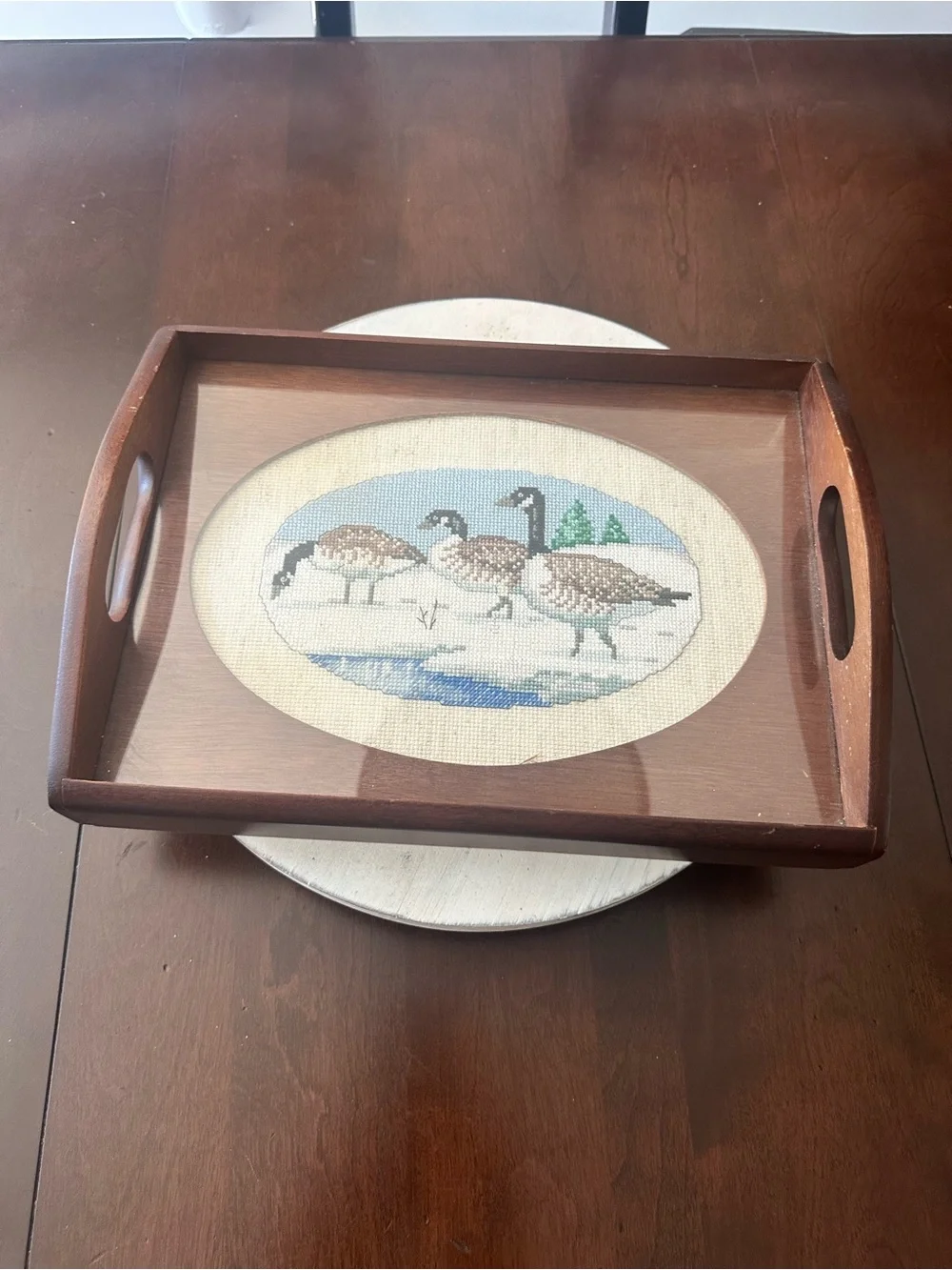 Vintage 1986 The Creative Circle Canada Geese Wood Serving Tray Cross Stitch
